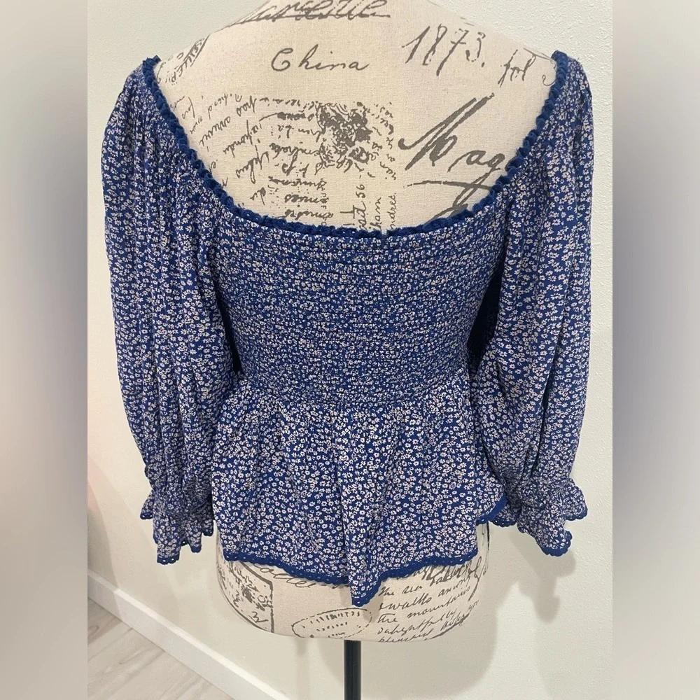 Blue Floral Smocked Peplum Blouse | 100% Viscose Size XS